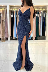 Dark Blue Long Glitter Spaghetti Straps V-neck Evening Dresses With Slit